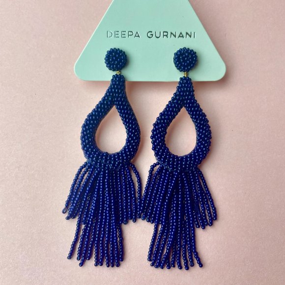 NWT Deepa Gurnani Anthropologie Beaded Fringe Chandelier Earrings Navy Blue - Picture 1 of 7